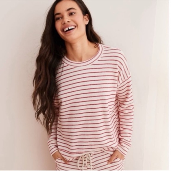 Aerie Knit Top Ivory Red Stripe Long Sleeve Drop Shoulder Terry Oversized - Picture 1 of 3